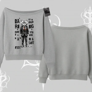 Dream Big Yazılı Takım Elbiseli Kedi Baskılı Kayık Yaka Sweatshirt