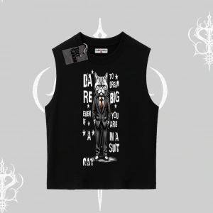 Dream Big Yazılı Takım Elbiseli Kedi Baskılı Kolsuz Tshirt