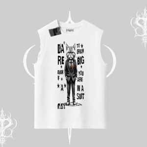 Dream Big Yazılı Takım Elbiseli Kedi Baskılı Kolsuz Tshirt