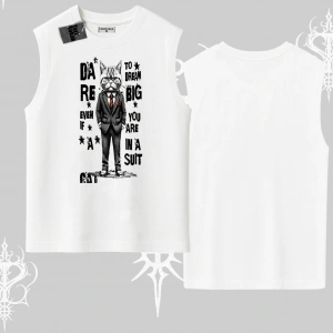 Dream Big Yazılı Takım Elbiseli Kedi Baskılı Kolsuz Tshirt