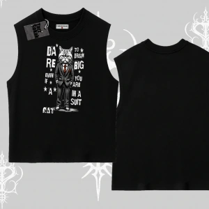 Dream Big Yazılı Takım Elbiseli Kedi Baskılı Kolsuz Tshirt