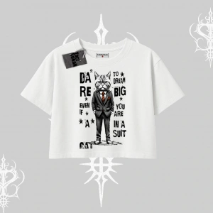 Dream Big Yazılı Takım Elbiseli Kedi Baskılı Oversize Crop Tshirt