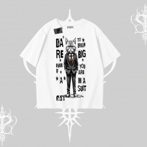 Dream Big Yazılı Takım Elbiseli Kedi Baskılı Oversize Tshirt