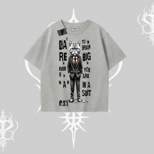 Dream Big Yazılı Takım Elbiseli Kedi Baskılı Oversize Tshirt