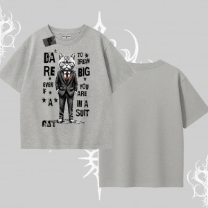 Dream Big Yazılı Takım Elbiseli Kedi Baskılı Oversize Tshirt