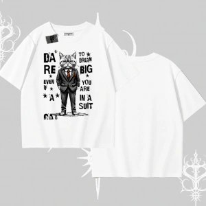 Dream Big Yazılı Takım Elbiseli Kedi Baskılı Oversize Tshirt