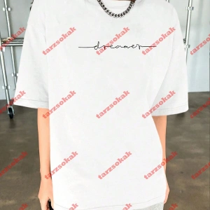Dreamer Baskılı Oversize Bisiklet Yaka Tshirt Beyaz