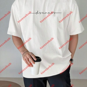 Dreamer Baskılı Oversize Bisiklet Yaka Tshirt Beyaz
