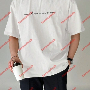 Dreamer Baskılı Oversize Bisiklet Yaka Tshirt Beyaz