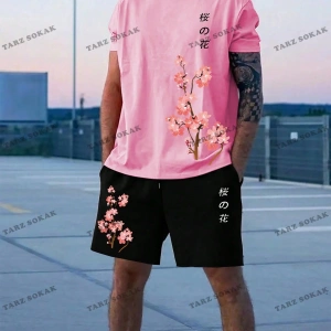 EMRG Erkek Harfli ve Çiçek Desenli Kısa Kollu Tişört ve Şort Takım