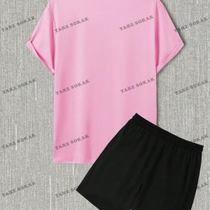 EMRG Erkek Harfli ve Çiçek Desenli Kısa Kollu Tişört ve Şort Takım