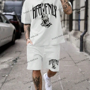 EMRG Erkek Örgü Kısa Kollu Grafik Tişört ve Şort İkili Takım, Yazlık