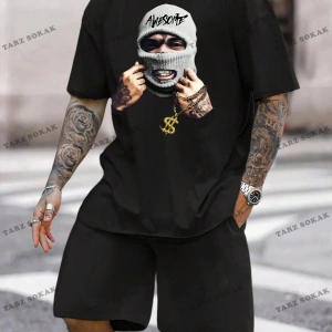 EMRG Siyah Örgü Erkek Karakter Baskılı Kısa Kollu Grafik Erkek T Gömlek Ve Şort Tak