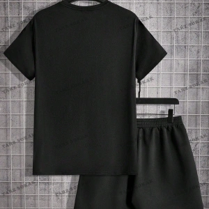 EMRG Siyah Örgü Erkek Karakter Baskılı Kısa Kollu Grafik Erkek T Gömlek Ve Şort Tak