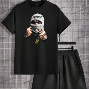 EMRG Siyah Örgü Erkek Karakter Baskılı Kısa Kollu Grafik Erkek T Gömlek Ve Şort Tak