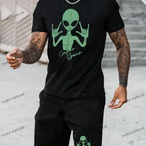 EMRG Siyah Örme Erkek Uzaylı Mektup Baskılı Tişört ve Şort İki Parçalı Set