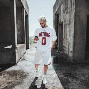 Erkak Beyaz Nothing 0 Baskılı Oversize Bisiklet Yaka Tişört