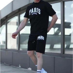 Erkek Alt-üst Tshirt-şort Kombini Paris Baskılı Pamuklu Oversize Takım
