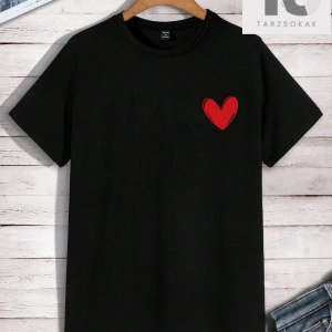 Erkek Aşk Kalp Baskılı Yuvarlak Yaka Kısa Kollu Tişört