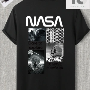 Erkek Astronot ve Slogan Grafikli Düşük Omuz Tişörtü