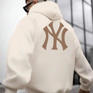 Erkek Bej Ön Arka NY Baskılı Kapüşonlu Sweatshirt onarkanysweatshirt Bej