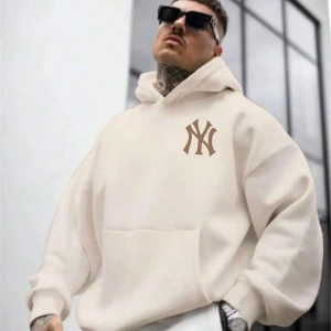 Erkek Bej Ön Arka NY Baskılı Kapüşonlu Sweatshirt onarkanysweatshirt Bej