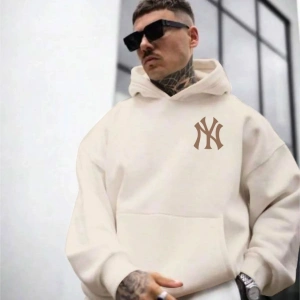 Erkek Bej Ön Arka NY Baskılı Kapüşonlu Sweatshirt onarkanysweatshirt Bej
