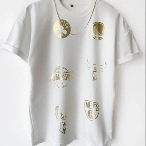 Erkek Beyaz Basketbol Tasarım Baskılı Oversize Bisiklet Yaka T-shirt