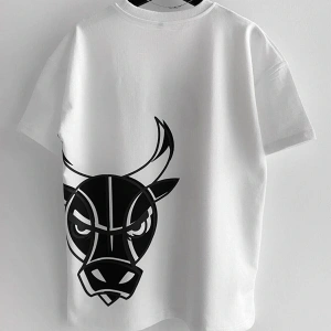Erkek Beyaz Bulls Baskılı Oversize Bisiklet Yaka T-shirt
