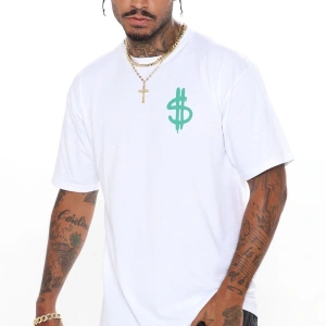 Erkek Beyaz Dirty Money Drill Sırt Baskılı Oversize Bisiklet Yaka T-shirt