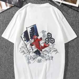 Erkek Beyaz Japon Balığı Sırt Baskılı Oversize Tişört