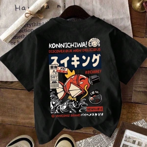 Erkek Beyaz Karikatür Balık Harf Ramen Rakam Baskılı Mürettebat Yaka Kısa Kollu Tişört, Günlü