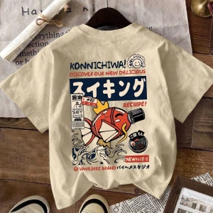 Erkek Beyaz Karikatür Balık Harf Ramen Rakam Baskılı Mürettebat Yaka Kısa Kollu Tişört, Günlü