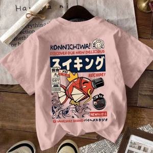 Erkek Beyaz Karikatür Balık Harf Ramen Rakam Baskılı Mürettebat Yaka Kısa Kollu Tişört, Günlü