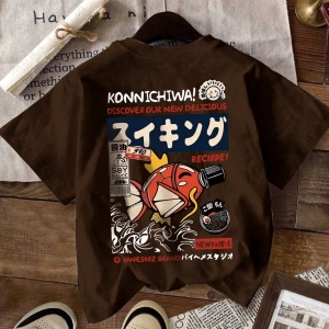 Erkek Beyaz Karikatür Balık Harf Ramen Rakam Baskılı Mürettebat Yaka Kısa Kollu Tişört, Günlü