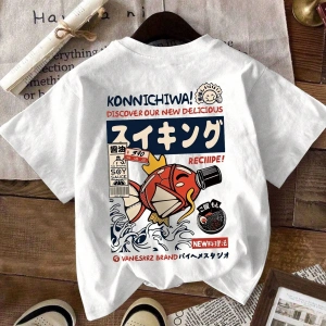Erkek Beyaz Karikatür Balık Harf Ramen Rakam Baskılı Mürettebat Yaka Kısa Kollu Tişört, Günlü