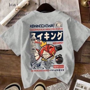 Erkek Beyaz Karikatür Balık Harf Ramen Rakam Baskılı Mürettebat Yaka Kısa Kollu Tişört, Günlü
