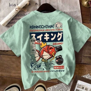 Erkek Beyaz Karikatür Balık Harf Ramen Rakam Baskılı Mürettebat Yaka Kısa Kollu Tişört, Günlü