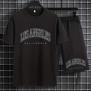 Erkek BeyazLos Angeles Baskılı Basic Oversize T-Shirt- Şort Takım strup0000000000015