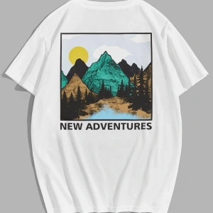 Erkek Beyaz Mountaın Baskılı Bisiklet Yaka Tshirt