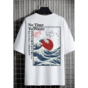Erkek Beyaz No Time Oversize Bisiklet Yaka Tshirt