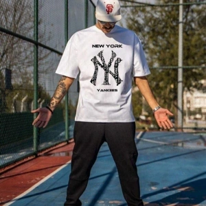 Erkek Beyaz Ny Baskılı Oversize Bisiklet Yaka Kısa Kollu T-shirt