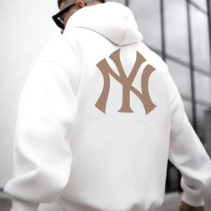 Erkek Beyaz Ön Arka NY Baskılı Kapüşonlu Sweatshirt onarkanysweatshirt