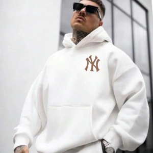 Erkek Beyaz Ön Arka NY Baskılı Kapüşonlu Sweatshirt onarkanysweatshirt