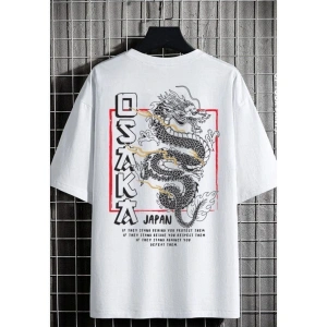 Erkek Beyaz Osaka Oversize Bisiklet Yaka Tshirt