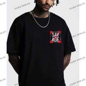 Erkek Beyaz Oversize Savage Baskılı