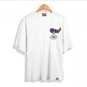 Erkek Beyaz Patlıcan Oversze Bisiklet Yaka Tshirt