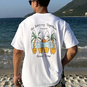 Erkek Beyaz Plaj ve Harf Baskılı Grafik Günlük Tişört, Yaz Tatil Stili