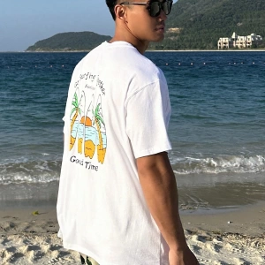 Erkek Beyaz Plaj ve Harf Baskılı Grafik Günlük Tişört, Yaz Tatil Stili