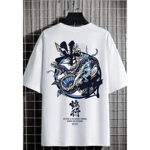 Erkek Beyaz Pusula Oversize Bisiklet Yaka Tshirt